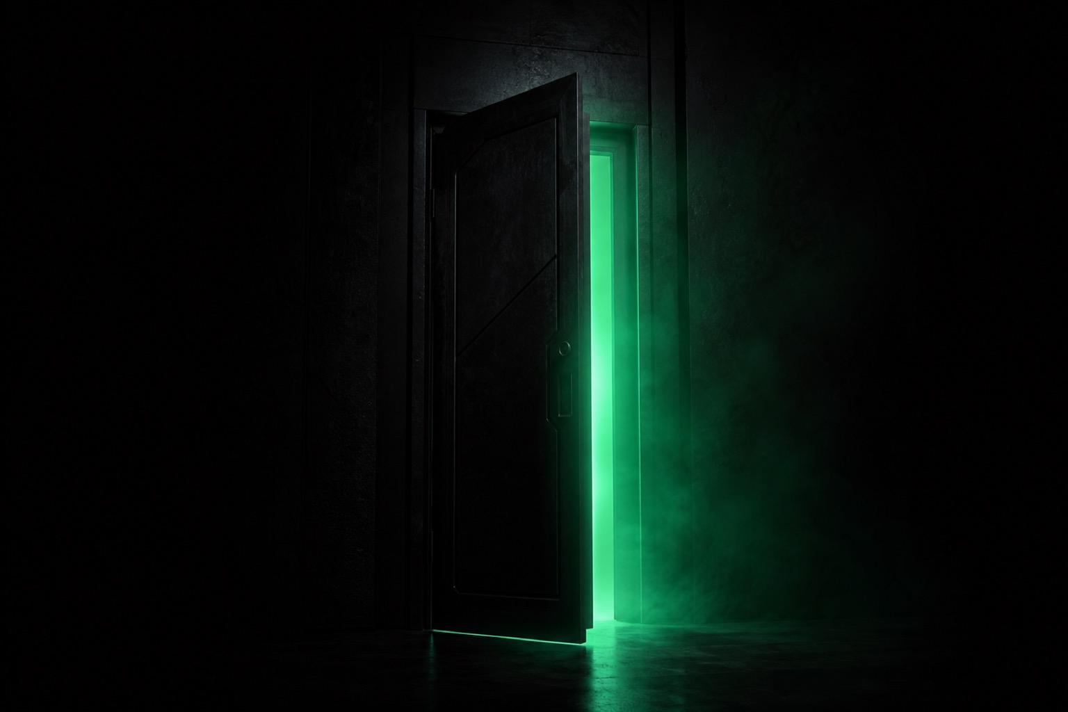 Heavy escape-room door closing in a dark corridor with a last ribbon of light